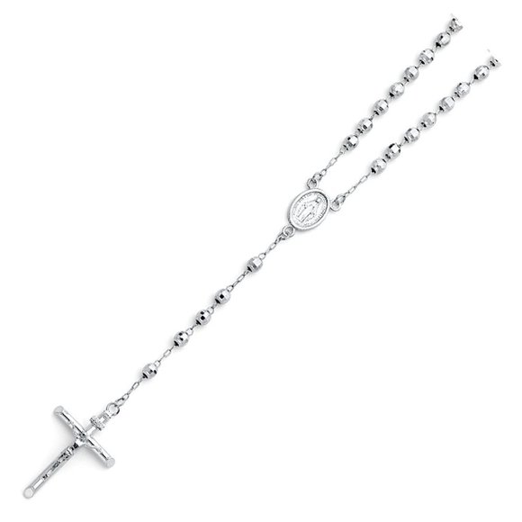 New Solid 14k White Gold 4mm Beads Ball Cross Rosary Necklace - 20" Inches
